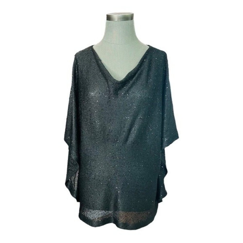 ALFANI Womens Blouse S/M Black Sequin Sparkle Mesh Top Short Sleeve Cowl Neck VG - Picture 3 of 7